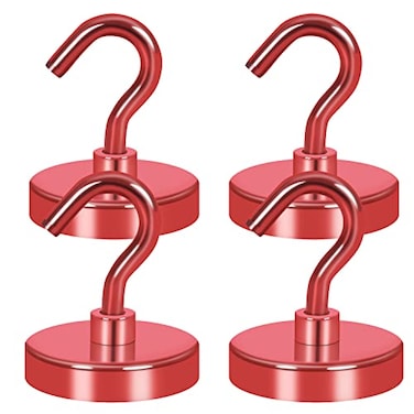 Neosmuk Magnetic Hooks Heavy Duty Strong Magnet with Hook for Fridge Super Neodymium Extra Strength Industrial Hooks for Hanging Magnetic Hanger for Toolbox Cruise GrillRed4 Pack