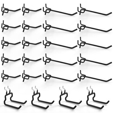 G.CORE GCORE 24Pack Pegboard Hooks 2 4 Peg Board Tool Utility Hangers Fit 14 Pegboards Heavy Duty Metal Shelving Brackets Wall Organizers and Storage for Craft Room Garage Workbench Office Black