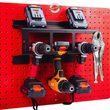 MADD TOOLS Heavy Duty Drill Holder for 14 Holes Stores up to 3 Drills Organizes on Pegboard Includes Pegs and Hooks
