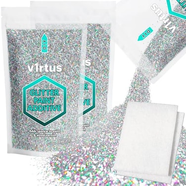 v1rtus Silver Holographic Glitter Paint Additive 200g 7oz with 2X Buffing Pads Additive for Glitter Paint Walls Add to Interior Exterior Paint Emulsion Varnish