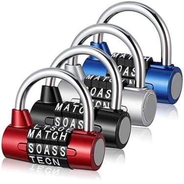 PercyEffie 4 Pcs 5 Letter Combination Lock Heavy Duty Gym Locker Keyless Resettable Metal Padlock for Home Outdoor Door Locks Toolbox Hasp Cabinet Black Silver Red Blue