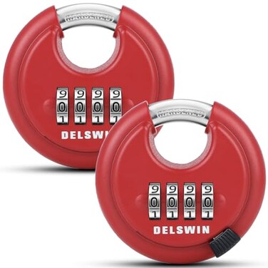 DELSWIN Outdoor Combination Padlock 4 Digit Heavy Duty Disc Lock with Hardened ShackleCombo Padlock for GateStorage UnitFence2564 Shackle Red2Pcs
