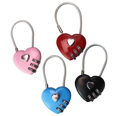 GWYAN 4 Pcs Steel Wire Rope Password Padlock Retro Heart Shape Padlock Black Red Blue Pink