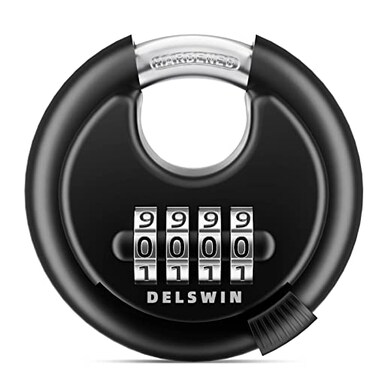 DELSWIN 4 Digit Combination Disc Padlock with Hardened Steel Shackle Combo Lock for Sheds Storage Unit School Gym Locker and Fence Black1Pcs