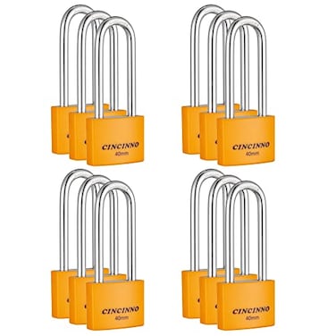 CINCINNO Covered Aluminum Key Lock Extra Long Shackle Pad Lock with Same Key for Sheds Storage Unit School Gym Locker Toolbox 12 Pack