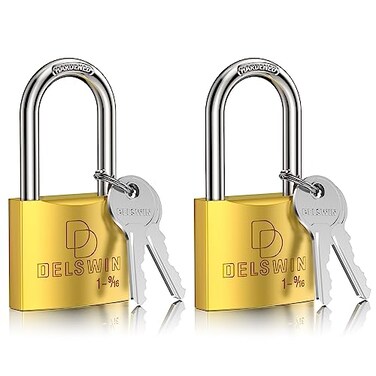 DELSWIN Weatherproof Padlock with Key Keyed Alike Heavy Duty Solid Brass Locker Lock with 1916 Long Shackle Marine Grade Pad Lock for Outdoor Gate Fence Shed 2 Pack