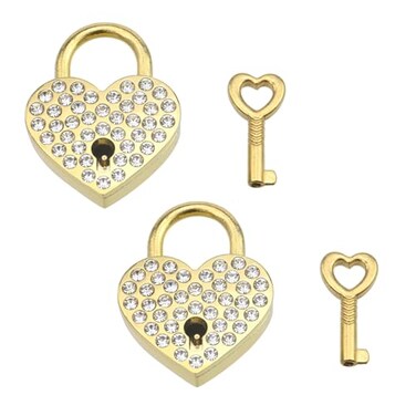 KUMGROT 2 Pcs Small Heart Shaped Lock Mini Locks with Keys Rhinestone Metal Lock Padlock for Jewelry Storage Box Luggage Diary Book Gold