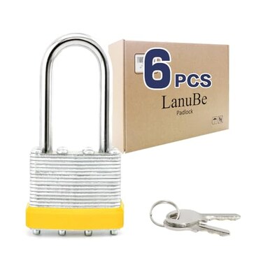 LanuBe Lock Laminated keyed Padlock 1916 40mm keyed Alike Locks Long ShackleMarked Yellow Plastic Hoop Pack of 6