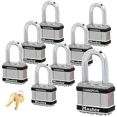 Master Lock Magnum Padlocks 2 W x 112L Shackle Eight 8 Keyed Alike Locks w 16 Keys M5NKALFSTS8 wBumpStop Technology