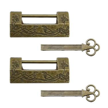 Pastlla 2 PCS Antique Chinese Lock Flower Bird Padlock Carved Vintage Retro Latch Lock with Key for Jewelry Box Drawer Bronze