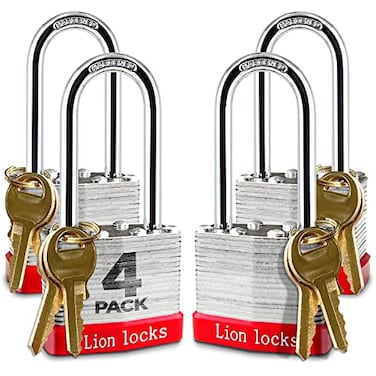 Lion Locks 4 KeyedAlike Padlocks w 2 Long Shackle 8 Keys Hardened Steel Pad Lock Pick Resistant Brass Pin Cylinder Pack of 4