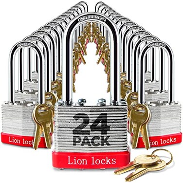 Lion Locks 24 Keyed Alike Padlocks with 2 Long Shackle 48 Keys Padlocks for Outdoor Use Locks with Keys Hardened Steel Case Pick Resistant Brass Pin Cylinder for Hasp Latch Locker Gate