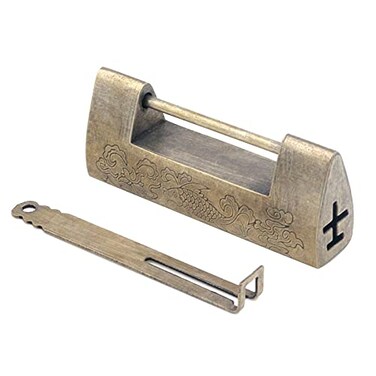 MY MIRONEY 295 Vintage Carved Fish Horizontal Padlock Chinese Antique Brass Lock with Key for Cabinet Jewelry Box Gift Box