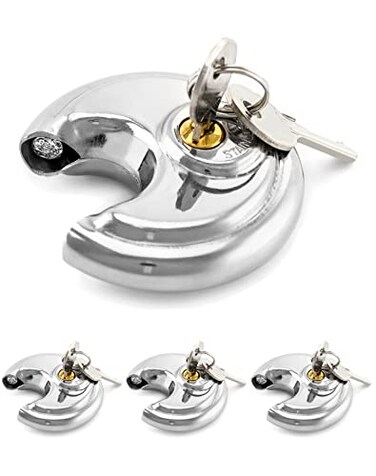 QWORK Keyed Alike Disc Padlock 4 Pack Stainless Steel Discus Lock with 38Inch Shackle 234 in Wide for Garages Fence Sheds and Storage Unit