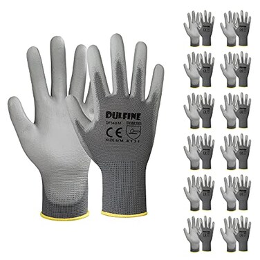 DULFINE Safety Work Gloves PU Coated12 PairsGrey Seamless Knit Glove with Polyurethane Coated Smooth Grip on Palm Fingers for Men and Women Ideal for General Duty Work Medium