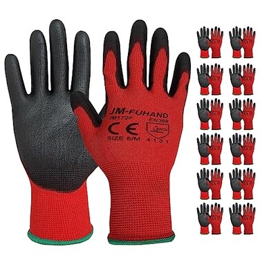 JM-FUHAND JMFUHAND UltraThin Polyurethane Coated Safety Work Gloves 12 Pairs Red Medium