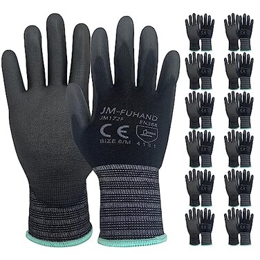 JM-FUHAND JMFUHAND UltraThin PolyurethanePU Coated safety Work Gloves12 PairsIdeal for Light Duty WorkBlackLarge
