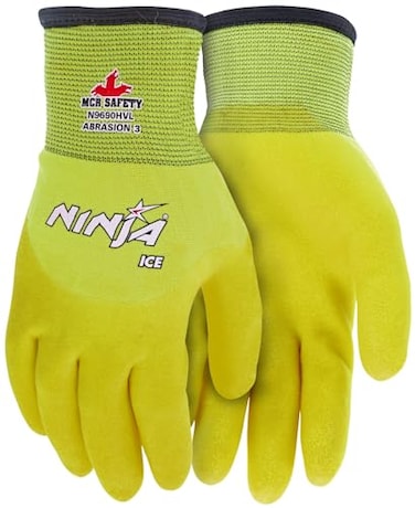 MCR Safety Ninja Ice HiVisibility 15 Gauge Nylon Insulated Cold Weather Gloves Acrylic Terry Inner 34 HPT Coating Yellow Large 1Pair