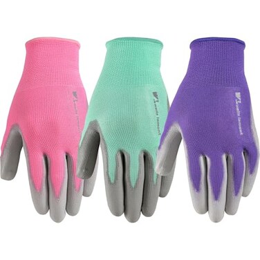 Wells Lamont Gardening Gloves for Women Breathable Polyester Seamless Fit PUCoated Palm for Grip Durability Elastic Wrist PinkGreenPurple Medium Pack of 3 413MF