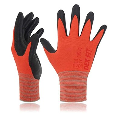 DEX FIT Premium Nylon Work Gloves FN320 Firm Nitrile Grip 3DComfort Stretchy Fit Thin Lightweight Protective Durable Breathable Machine Washable Red 9 L 3 Pairs