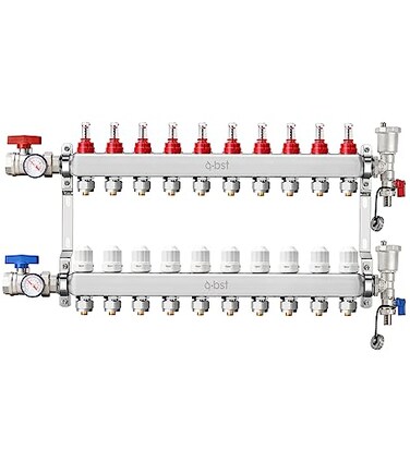 A BST ABST PEX Manifold10 Loop Stainless Steel Floor Radiant Heat Manifold Kit with 12 Adapters Included for Hydronic Radiant Floor Heating