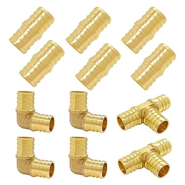 Hooshing 12PCS PEX Fittings Combo 34 inch PEX Coupling 6PCS 90 Degree Elbow 4PCS Tee 2PCS Brass Barb Crimp Fitting