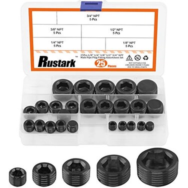 Rustark 25 Pcs Carbon Steel Pipe Plugs Assortment Set with 18 14 38 12 34 NPT Pipe Fitting Countersunk Thread Internal Hex Head Style Male Plug for Water Pump Ports