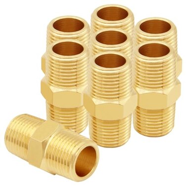 Uenede 8PCS 14 Inch NPT Brass Hex Nipple Coupling 14 NPT x 14 NPT Male Threaded Equal Diameter Coupler Air Hose Pipe Fittings Adapter for WaterOilGas