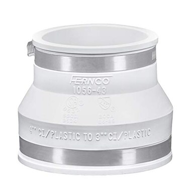 Fernco 4 x 3 Reducing Flexible Pipe Coupling 105643W DWV PVCABS to Cast IronSteelCopperLead Watertight Repair Connector White Stainless Clamps