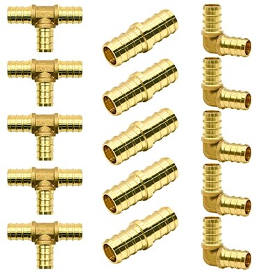 RUBY.Q 15pcs 12 PEX Fittings Elbow TEE Straight Couplings Set PEX Brass Crimp Fitting Combo with Tees Elbows Straights