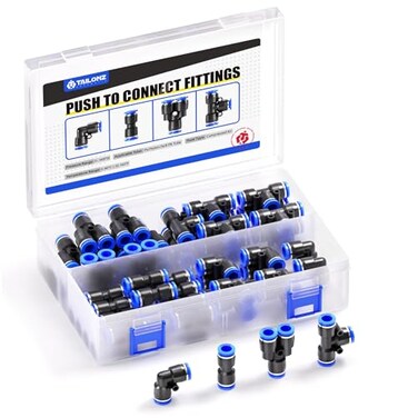 TAILONZ PNEUMATIC 6MM OD Push to Connect Fittings Pneumatic Fittings Kit 8 Spliters10 Elbows8 tee10 Straight 36 pcs