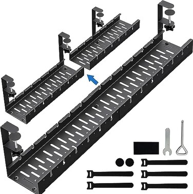 BIWIST No Drilling Extendable Under Desk Cable Management Metal Cable Management Tray Under Desk with Clamp Retractable Power Strip Cord Holder for Wire Management 31Inch 2 Pack Extendable 31