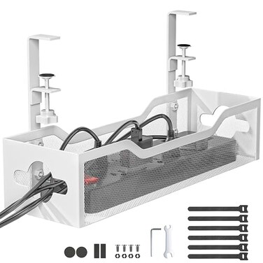 Litwaro Under Desk Cable Management Tray White Cable Management Under Desk No Drill Cable Organizer with Clamp for Wire Management Cord Organizer for Office Home No Damage to Desk