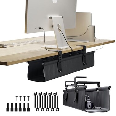 Ascrono Original No Drill Under Desk Cable Management Tray 273 Premium Black Fabric Cable Management Under Desk ClampScrew Mount Cord Organizer Supports Upto 66lbs