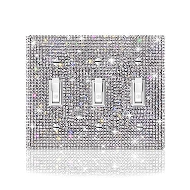 Suluor 1 PC Shiny Silver Rhinestones Wall Plate Cover Switch Plate Cover Light Switch Cover Switch Cover Decorative 3 Gang Toggle Outlet Covers Bling Switch Cover