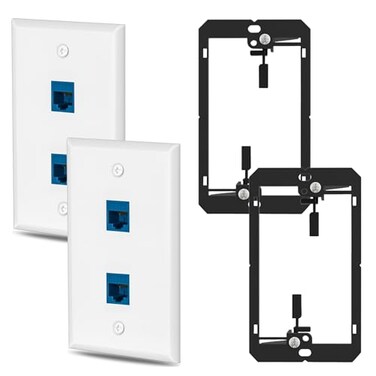 MiaoYfei 2 Pairs Ethernet Wall Plate Cat6 2 Port Keystone Jack Wall Plate with RJ45 Coupler Outlet Connector and Single Gang Low Voltage Mounting Bracket