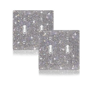 Suluor 2 PC Shiny Silver Rhinestones Wall Plate Cover Switch Plate Covers Cover Light Switch Cover Switch Cover Decorative Double Gang Toggle Outlet Covers Bling Switch Cover