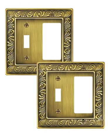 treewell 2Pack Combo ToggleDecorator Light Switch Cover Plate Paisley Pattern Decorative Wall Outlet Cover Plate Antique Brass Electrical Outlet Covers Metal Wall Switch Plates and Outlet Covers
