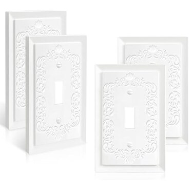 FANYINTY 4 Pack Toggle Light Switch Cover Plate White Classic Petal Relief Design Style Decorative Switch Plates for Home Decor 1 Gang MidSize 31W49H
