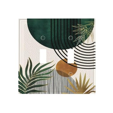 HIZUWKY Asondarne Green Mid Century Boho Leaves Decorative Light Switch Cover 2 Gang Double Toggle Bohemia Gold Leaf Wall Plate Faceplate Switchplate Electrical For Bedroom Bathroom Kitchen 50 X 49