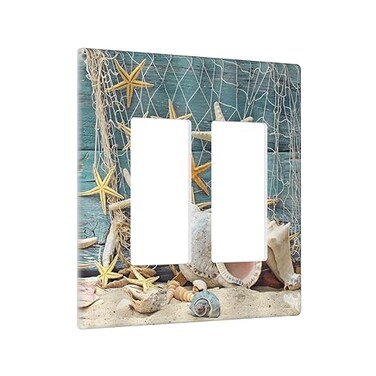 Yamxbfa Beach Starfish Shell Sea Snail Blue Wood 2 Gang Rocker Decora Light Switch Cover Decorative Outlet Covers Wall Plate Electrical Faceplate Switchcovers GFCI for Bathroom Bedroom Living Room Dec