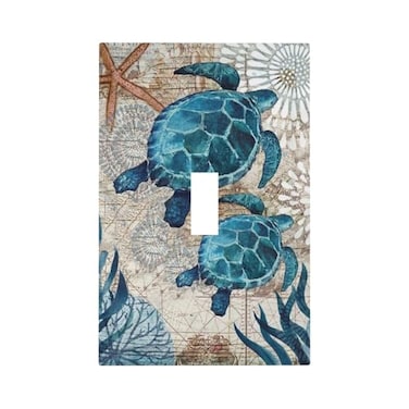 JIEXUTE Beach Turquoise Blue Sea Turtles Decorative Single Toggle Device Decorator Outlet Light Switch Wall Plate Cover Tropical Summer Ocean Starfish Coral Reef Nautical Map 1Gang Electrical Faceplat
