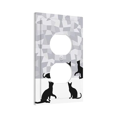 Yamxbfa Black Cat Silhouette and Gray Geometry Mosaic 1 Gang Outlet Plate Covers Decorative Single Duplex Wall Plate Electric Socket Face Plate Light Switches Cover Bedroom Kitchen Living Room Decor