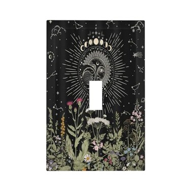 Spshian Black Moon Phase Stars Sun Floral Botanical 1 Gang Light Switch Covers Decorative Single Toggle Wall Plate Switchcover Electrical Switchplate for Country Bathroom Bedroom Decor