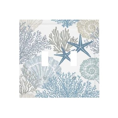 ranedula Blue Teal Coastal Starfish Seashell Coral Sea Ocean Beach 2 Gang Double Toggle Light Switch Wall Plate Cover Electrical Faceplate for Bathroom Home Living Room Jumbo Size Decor