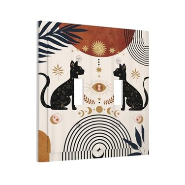 Yamxbfa Boho Black Cat Mid Century Moon Phase Double Toggle Light Switch Covers Decorative Country Unique 2 Gang Wall Plate Dual Electrical Faceplate Switchplate for Kitchen Bedroom Living Room Decor