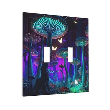 Yamxbfa Fantasy Mushroom Forest Glowing Butterfly Double Toggle Light Switch Cover Decorative 2 Gang Wall Plate Electrical Switchplate Faceplate for Bathroom Kitchen Decorate Accessories