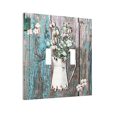 Wpshijia Farmhouse Cotton and Eucalyptus Bouquet Wood Light Switch Cover Decorative 2 Gang Wall Plate Double Toggle Electrical Switchplate Faceplate for Bathroom Home Living Room Decor