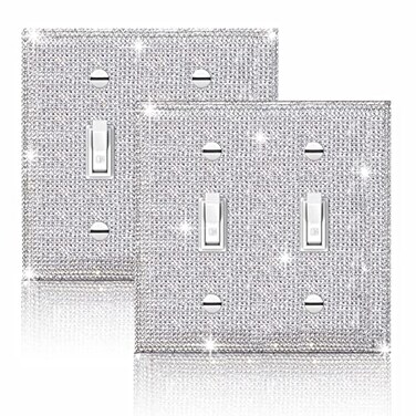 Gaocai 2 Pcs Shiny Silver Rhinestones Wall Plate Cover Double Gang Toggle Outlet Covers Bling Light Switch Cover