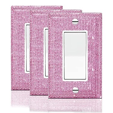 Gaocai 3 Pcs Silver Shiny Pink Rhinestones Light Switch Cover Durable Silver Rhinestone Wall Plate Cover Decorative Electrical Outlet